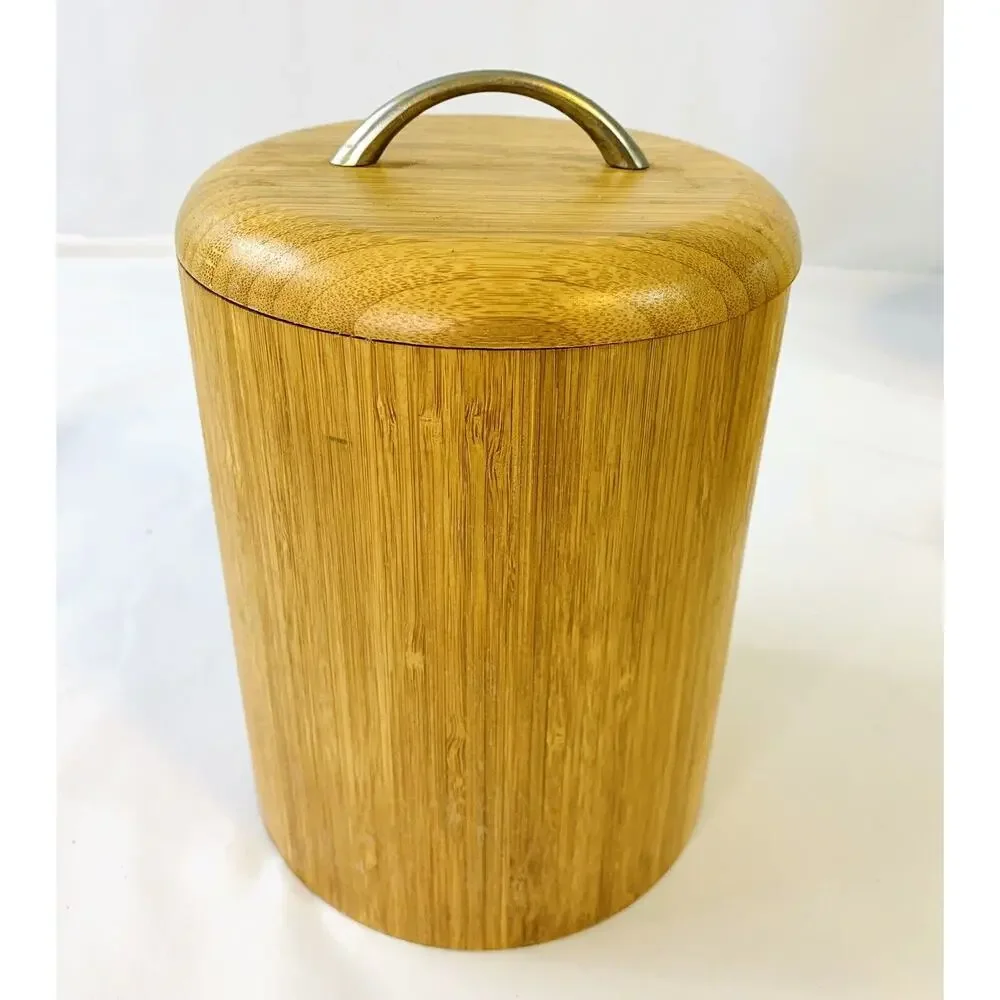 Vtg MCM Wood Bamboo Canister Set Plastic Lined - Set of 4